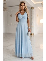 637-6 Večerní dlouhé šaty s brokátovým akcentem a hlubokým výstřihem - modré