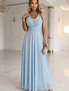 637-6 Večerní dlouhé šaty s brokátovým akcentem a hlubokým výstřihem - modré