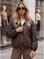 Dámská kožená bomber bunda na přechodné období, hnědá, FashionStreet TY6070 Dámská kožená bomber bunda na přechodné období, hnědá, FashionStreet TY6070