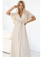 545-3 Dlouhé šaty se skládaným výstřihem a kosticemi - BEACH