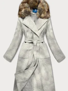 Světle šedý dámský kabát s kožíškem (SASKIA)