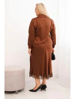 Dámský komplet Plus Size se saténovým leskem a krajkou camelový