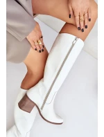 Kožené Holinky Před Kolena Na Podpatku Bílé Zazoo 3675