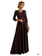 309-14 AMBER elegantní dlouhé krajkové šaty s výstřihem - čokoládové