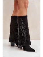 Zdobené kozačky s ohrnutým svrškem na podpatku černé Ivilta