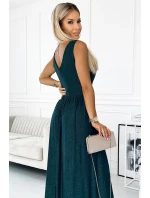 467-1 LOUISE brokátové dlouhé šaty s výstřihem a rozparkem na nohou - BUTTER GREEN