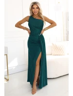 600-2 SELENA třpytivé dlouhé šaty na jedno rameno s rozparkem - zelené s třpytkami