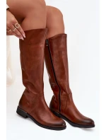 Kožené dámské kozačky na nízkém podpatku zateplené Zazoo 70150 hnědé