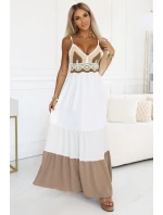 612-1 Dlouhé béžovo-bílé šaty bez ramínek s háčkovaným vrškem - boho