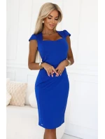 318-9 Elegantní midi šaty s krásným výstřihem a krátkými rukávy - chrpová barva 318-9 Elegantní midi šaty s krásným výstřihem a krátkými rukávy - chrpová barva