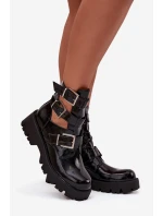 Lakované dámské kotníky s pásky a stříbrnými sponami Černé Helisse