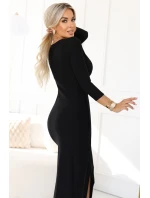 404-13 Elegantní dlouhé šaty s obálkovým výstřihem a rozparkem - černé