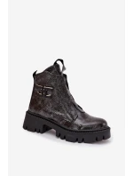 Dámské lakované boty Artiker – grafitové, zateplené, s ozdobou