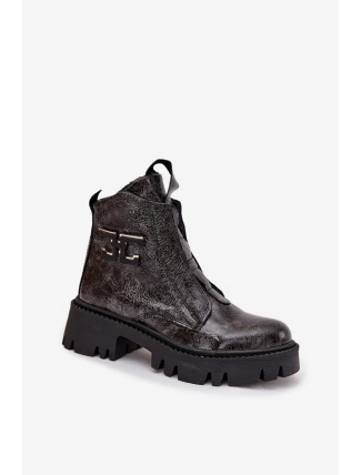 Dámské lakované boty Artiker – grafitové, zateplené, s ozdobou