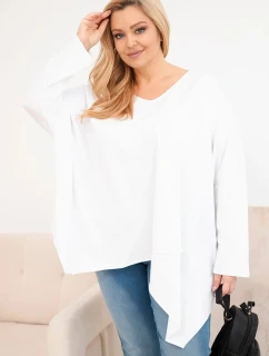 Dámská bavlněná blůza Plus Size s asymetrickým spodním lemem a V výstřihem bílá