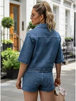 Krátká dámská džínová košilová bunda s šátkem, modrá, FashionStreet TY5693
