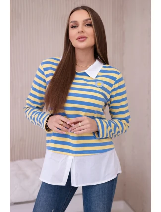 Pruhovaná bavlněná halenka s límečkem džínovina+žlutá