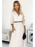 462-1 SERENA Plisované maxi šaty s výstřihem, páskem a 3/4 rukávy - BEACH 462-1 SERENA Plisované maxi šaty s výstřihem, páskem a 3/4 rukávy - BEACH