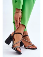 Kožené sandály s kamínky podpatky Černé Carlotta