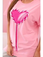 Dámské oversize bavlněné tričko srdcem a třásněmi světle růžová
