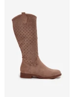 Dámské kozačky na ploché podrážce s vzorem sítě S.Barski HY52-531 Béžové