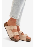 Dámské pantofle na korkové platformě se zlatými sponami světle béžové Tovessa