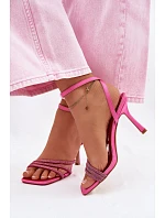 Dámské sandály na podpatku s pásky a kamínky fuchsiové Chiara