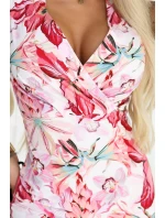 379-6 BOYKA Přiléhavé midi šaty s obálkovým výstřihem - bílé s růžovými květy