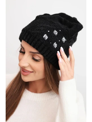 Dámská zimní čepice z vlny s ozdobnými aplikacemi K468 černá