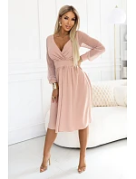 657-2 Elegantní midi šaty s obálkovým výstřihem a tylovými rukávy - béžové 657-2 Elegantní midi šaty s obálkovým výstřihem a tylovými rukávy - béžové