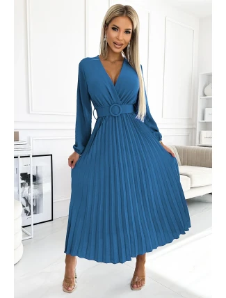 504-5 VIVIANA Plisované midi šaty se srdíčkovým výstřihem, dlouhými rukávy a širokým páskem - barva JEANS 504-5 VIVIANA Plisované midi šaty se srdíčkovým výstřihem, dlouhými rukávy a širokým páskem - barva JEANS