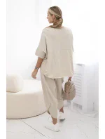 Bavlněný komplet halenka + kalhoty béžový