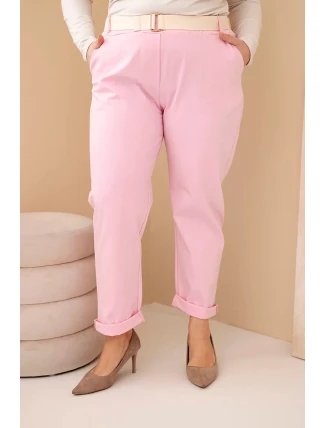 Dámské bavlněné kalhoty Plus Size s páskem světle růžové