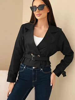 Dámská v krátká dvouřadá s páskem a klopami viskózová bunda černá