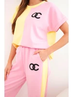 Dámská máslová souprava s oversize mikinou a širokými kalhotami světle růžová + žlutá