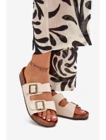 Dámské pantofle na korkové platformě s přezkami – béžové