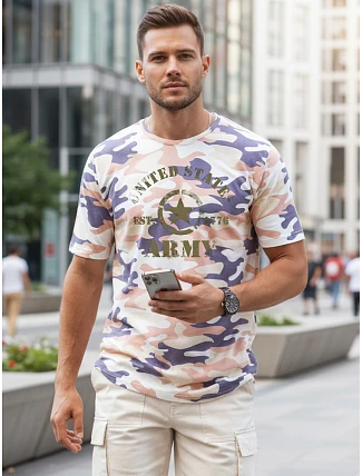 Pánské tričko s potiskem v kamuflážovém vzoru, béžové, FashionStreet NX2002R