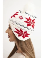 Dámská zimní čepice z vlny s motivem sněhové vločky a bambulí K450 bílá + červená