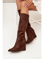 Zateplené dámské kozačky na klínu čokoládové Rosina