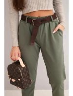 Dámské bavlněné kalhoty s páskem a ohrnutým lemem khaki