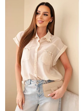Dámská košile z tencelu s ozdobným límečkem a kapsami tmavě béžová Dámská košile z tencelu s ozdobným límečkem a kapsami tmavě béžová