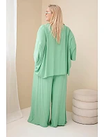 Dámský komplet Plus Size z viskózy se širokými kalhotami a halenkou zelený