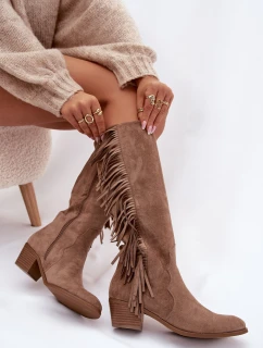 Dámské kovbojské kozačky s třásněmi a zateplením – khaki Firlina