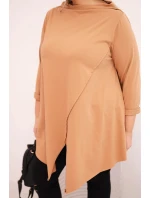 Dámská bavlněná blůza Plus Size asymetrická s ohrnutým rukávem jasně camelová