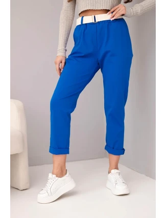 Dámské bavlněné kalhoty s páskem a ohrnutými nohavicemi chabrové