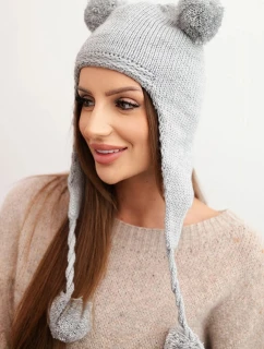 Dámská zimní čepice pletená s bambulkami ušanka medvěd K476 šedá