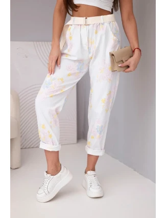 Dámské viskózové kalhoty s květinami a páskem bílé