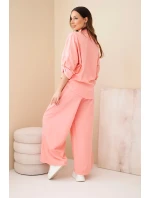 Dámský bavlněný komplet s vázanou košilí a širokou nohavicí meruňkový