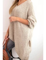 Dámský asymetrický svetr z vlny Plus Size s výstřihem do V tmavě béžový