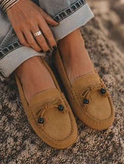 Dámské Mokasíny Ploché S Mašlí A Fringingem Imitace Semiš Camel Bluebell